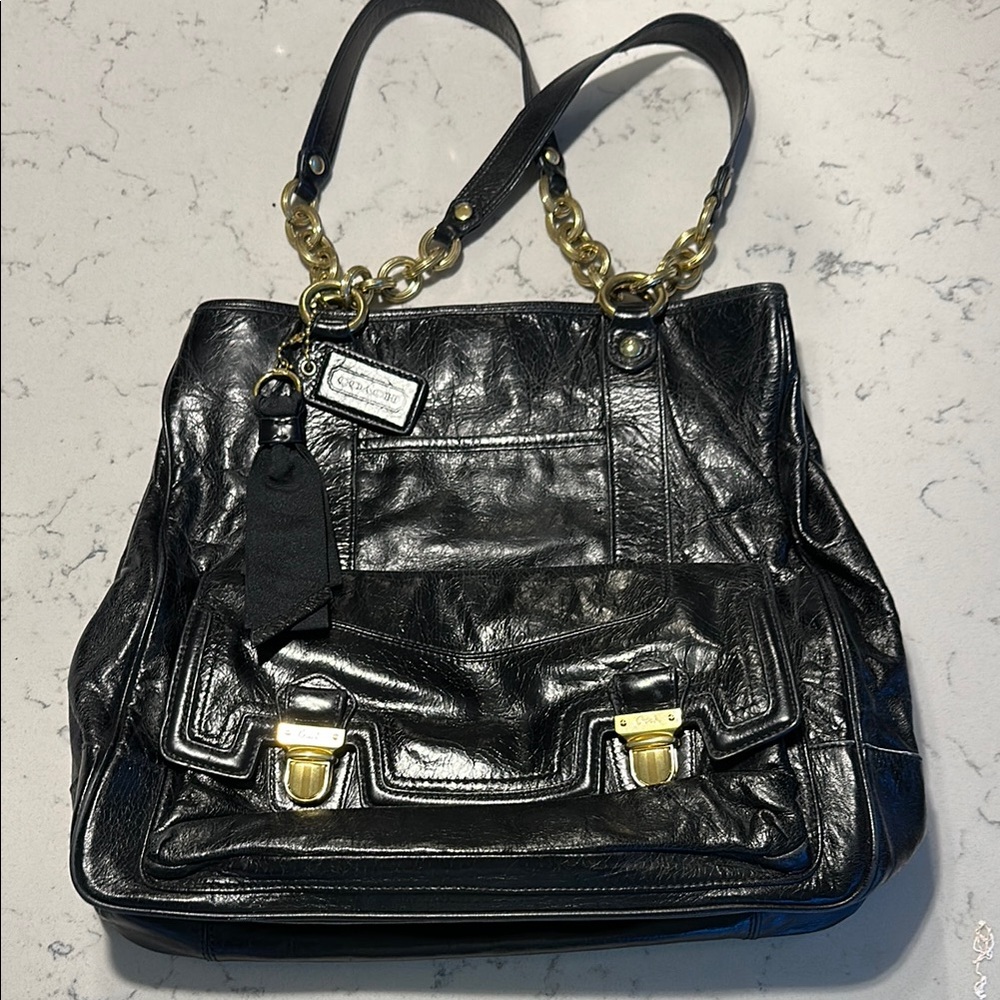 Coach Poppy Camellia Black Leather Push lock Tote - Fabulous!